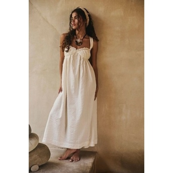 Free People Dresses & Skirts - Free People White Textured Midi Dress Bohemian Open Back Tie Straps Womens Large